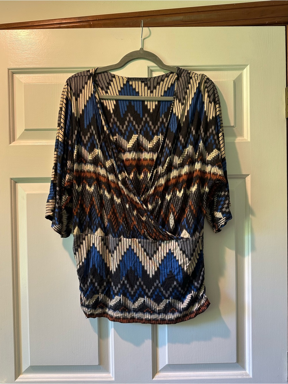 Velvet Blue & Black Geometric V-Neck top